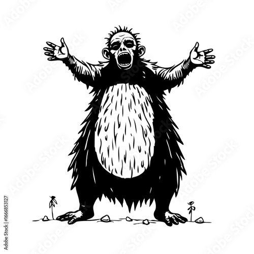 Illustrative depiction of a fantastical creature with exaggerated features expressing a primal
