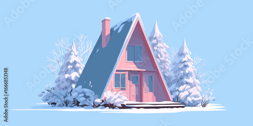 Charming pink A-frame cabin with a blue roof, nestled among snow-covered trees in winter.