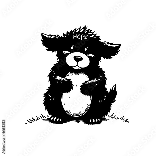 Illustrative hope: A whimsical sketch of a furry creature holding an oval with optimism portrayed