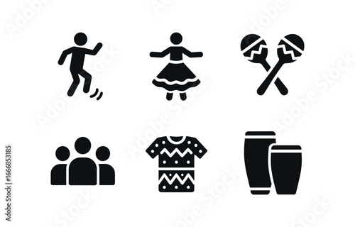 vector solid black filled icons cultural rites event (dance): rhythmic steps instruments colorful skirts patterned shirts audience drums.