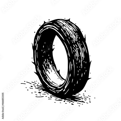 Illustrative rendering of a solitary tire depicting a weathered texture with distinctive