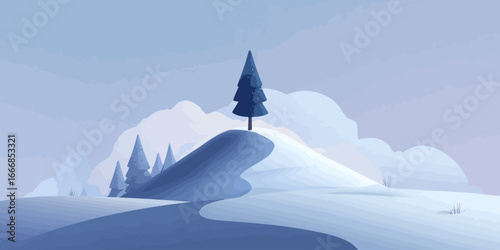 A solitary blue pine tree on a snowy hill in a minimalist winter landscape illustration.