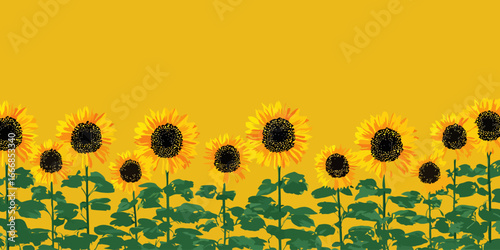 A vibrant, stylized border of blooming sunflowers with dark seed heads and bright yellow petals.