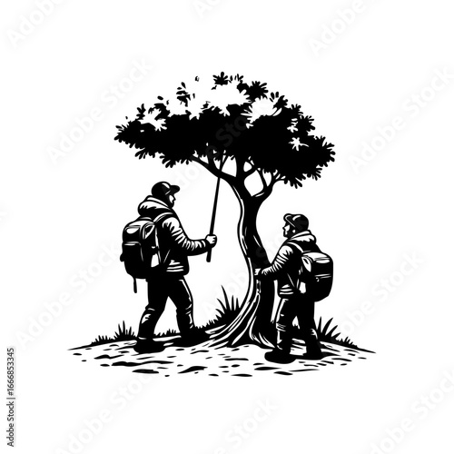 Illustrative silhouette of two hikers resting beneath the generous shade of a sprawling tree in