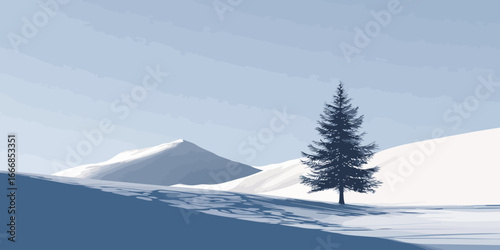 Stylized winter landscape illustration with a lone pine tree and snowy mountains in cool blue tones.