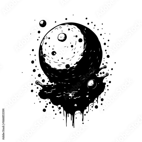 Ink blot illustration of an otherworldly sphere with drip design and celestial inspiration for