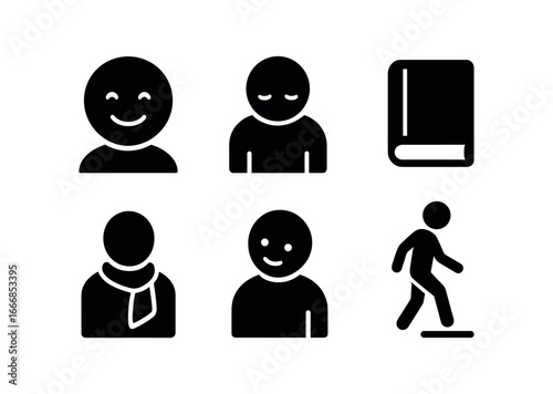 vector solid black filled icons modesty (daily life): polite smile lowered gaze closed book tucked scarf gentle nod careful step.