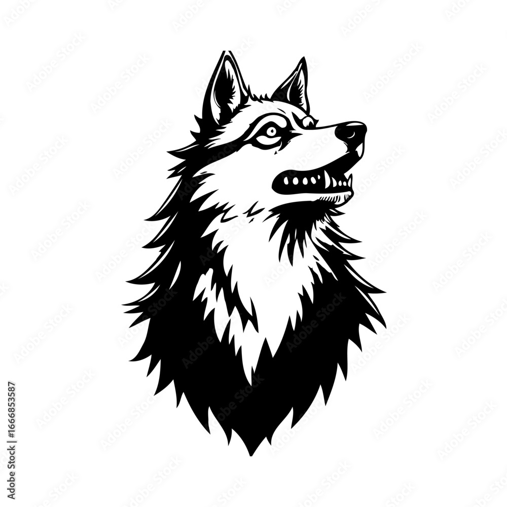 Naklejka premium Intense canine head drawing with dark sharp features isolated to add to dark themed illustrations