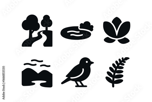 vector solid black filled icons modesty (nature): shaded path hidden pond soft petals misty valley small bird tucked fern.
