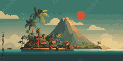 Serene volcanic island with a coastal village and palm trees under a red sun. Flat vector illustration.