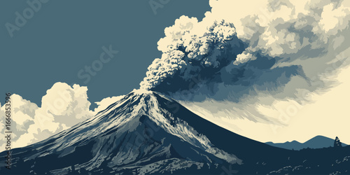 A powerful erupting volcano spewing a massive plume of smoke and ash in a stylized, graphic illustration.