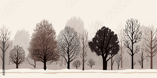 Stylized winter forest illustration with bare, leafless trees in muted brown and gray tones.