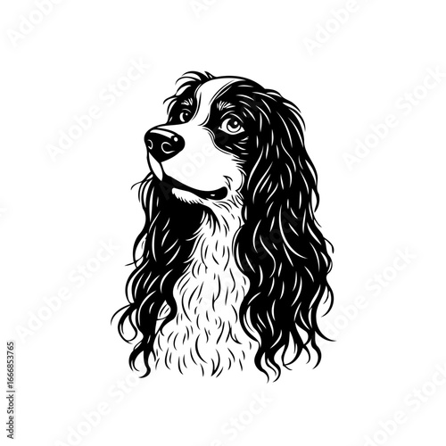 Intricate canine portrait showcasing elegant features and glossy coat against a crisp white