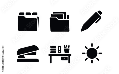vector solid black filled icons accordion folder (office): labeled tabs papers sticking out pen nearby stapler tidy desk sunlight.