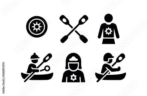 vector solid black filled icons canoe jousting (creative): painted shields bright paddles costume outfits colorful helmets fun atmosphere clear sky.