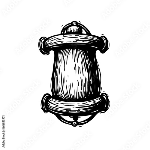 Intricate monochromatic engraved illustration of decorative door knocker ornamentation evoking