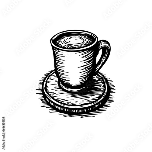 Intricate pen drawing showcases an inviting mug of beverage resting atop a rustic coaster