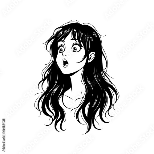 Intrigued young woman manga art style illustration revealing a wide eyed surprise expression on