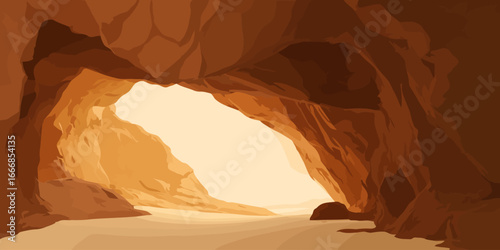 Warm-toned, stylized illustration of a rocky cave interior looking towards a bright, sunlit exit.