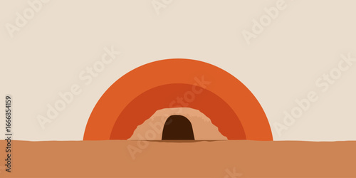 Stylized illustration of a desert cave entrance with warm, earthy-toned concentric arches.