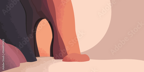 Abstract illustration of a layered rock formation with a cave entrance in warm desert tones.