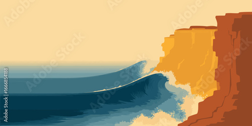 Dramatic seascape illustration of powerful blue ocean waves crashing against a sunlit cliff.