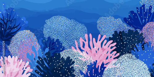 Colorful coral reef illustration with stylized pink and blue sea plants featuring graphic dotted and lined patterns.