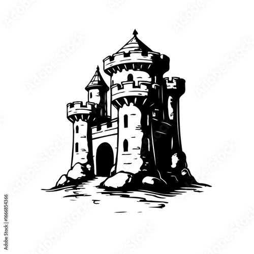 Majestic monochrome depiction of a vintage fortified castle with turrets and arched gateway