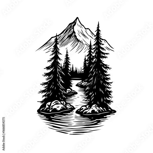 Majestic mountain landscape with towering pines and winding river illustration evoking a sense of