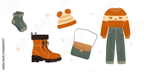 Autumn clothes. Texture style. Women's fashionable outfits for autumn and spring, fashion store. Vector flat illustration. Coat, boots, sweaters and pants, bag, socks.