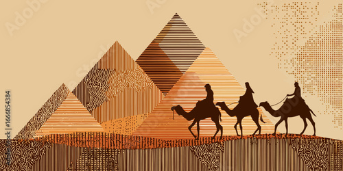 Stylized silhouette of a camel caravan journeying past abstract textured pyramids.