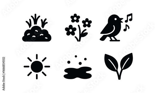 vector solid black filled icons season of early bloom (forest): moss tiny flowers bird songs sunlight damp ground fresh leaves.