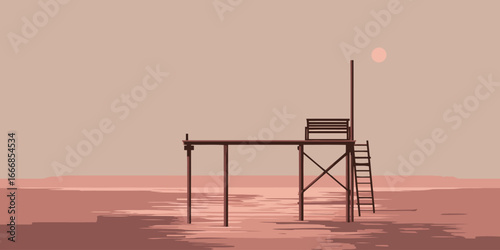 A minimalist wooden observation pier on stilts, featuring a raised platform with a bench and ladder in a flat vector style.