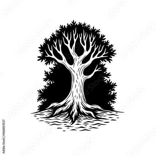 Monochromatic arboreal silhouette: a solitary tree stands tall against a stark white void amidst
