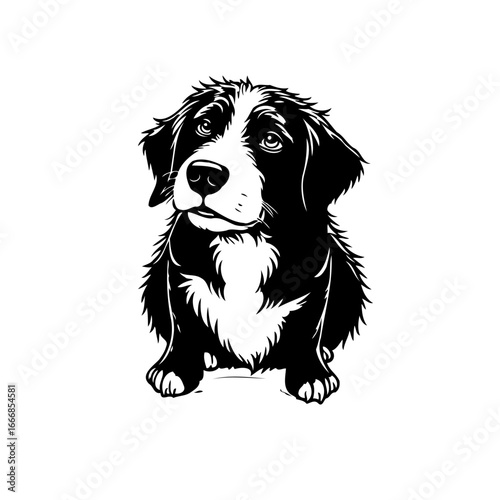 Monochromatic canine portrait showcasing expressive features and intricate fur details in an