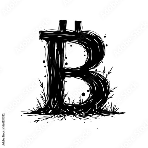 Monochromatic bitcoin symbol art with abstract embellishments conveying financial concepts and