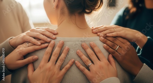 Supportive hands on back showing empathy and care for a friend in need in a moment of comfort and love violence against women.