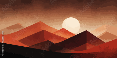 Geometric mountain peaks in shades of red and brown under a textured sky with a pale sun.