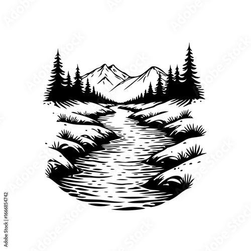 Monochromatic mountain scene illustration with winding river pine trees and snowy peaks creating a
