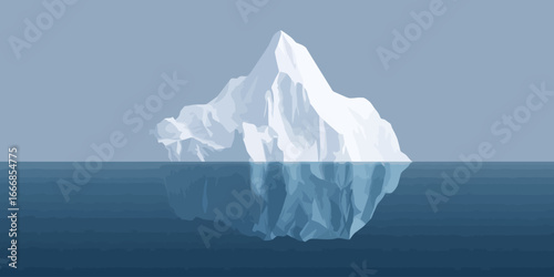 Majestic iceberg with a sharp peak and visible underwater mass in a flat vector style.