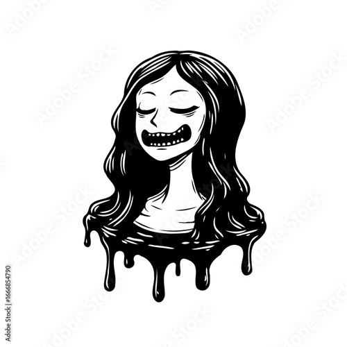 Monochromatic portrait depicting a stylized female figure with melting features and quirky