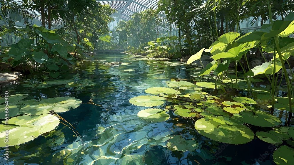 Fototapeta premium Serene Water Garden with Lush Greenery and Tranquil Reflections