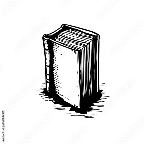 Monochromatic sketch illustration portraying a standing book symbolizing knowledge education