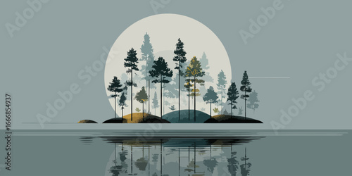 Minimalist graphic illustration of a pine tree grove on a small island with its reflection in calm, still water.