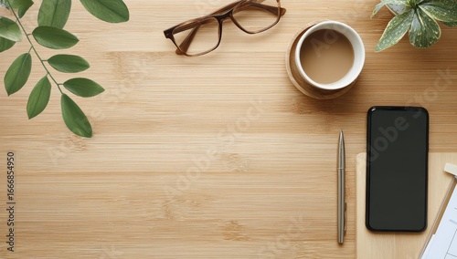 A high-angle, flat lay view of a light-brown wooden desk, displaying a workspace.  A cup of coffee, glasses, phone, plant leaves, pen, and planner are arranged