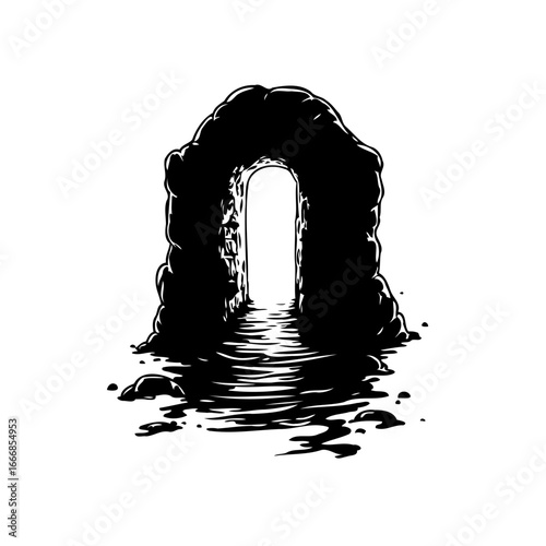 Monochromatic stone portal illustration with reflections on dark liquid surface evokes enigmatic