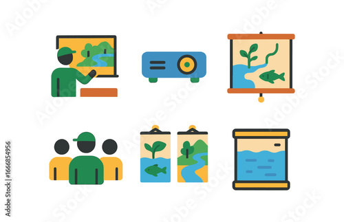 vector colorful flat filled icons river ecologist (education): classroom projector diagram students posters water tank.