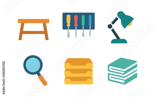 vector colorful flat filled icons stamp engraver (studio): wooden bench tool rack lamp magnifier trays paper stacks.