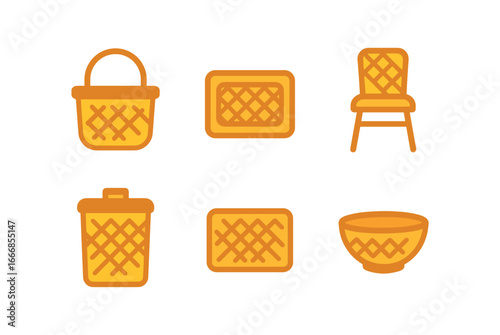 vector colorful flat filled icons wicker weaver (products): baskets trays chairs hampers mats decorative bowls.