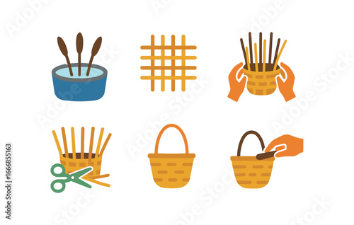 vector colorful flat filled icons wicker weaver (process): soaking reeds weaving pattern shaping basket trimming ends drying finishing touches.